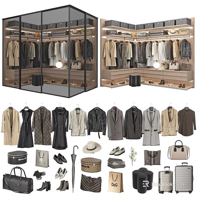 Elegant Modern Closet Interior With Hanging Clothes Shoes Bags And Accessories 3d model 