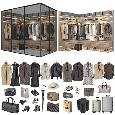 Elegant Modern Closet Interior With Hanging Clothes Shoes Bags And Accessories 3d model