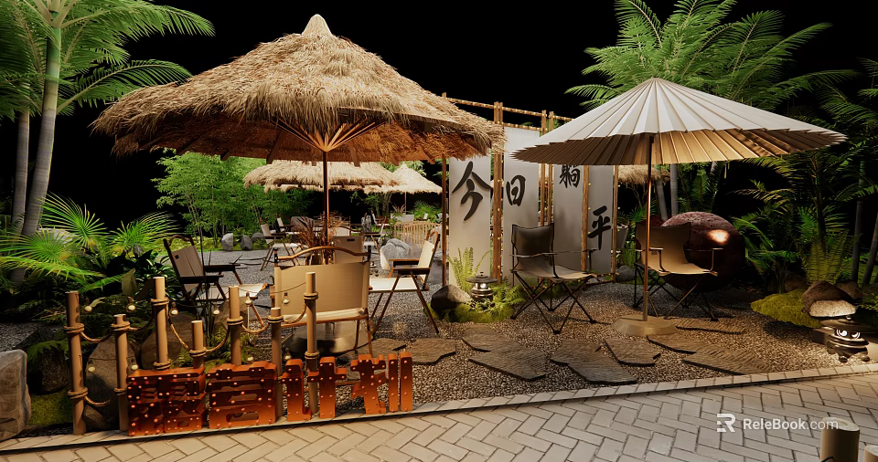 Outdoor Café With Straw Umbrellas Japanese Signage Green Plants And Stone Path 3d model 