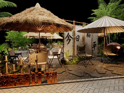 Outdoor Café With Straw Umbrellas Japanese Signage Green Plants And Stone Path 3d model