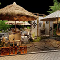 Outdoor Café With Straw Umbrellas Japanese Signage Green Plants And Stone Path