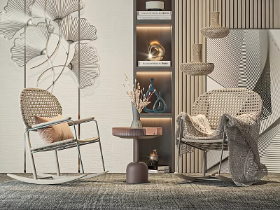 Wicker Rocking Chairs in Modern Living Space with Side Table and Decorative Accents 3d model