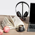 Desk Decorative Ornament Set with Laptop Headphones Dried Flower Vase Books Coffee Cup and Glasses
