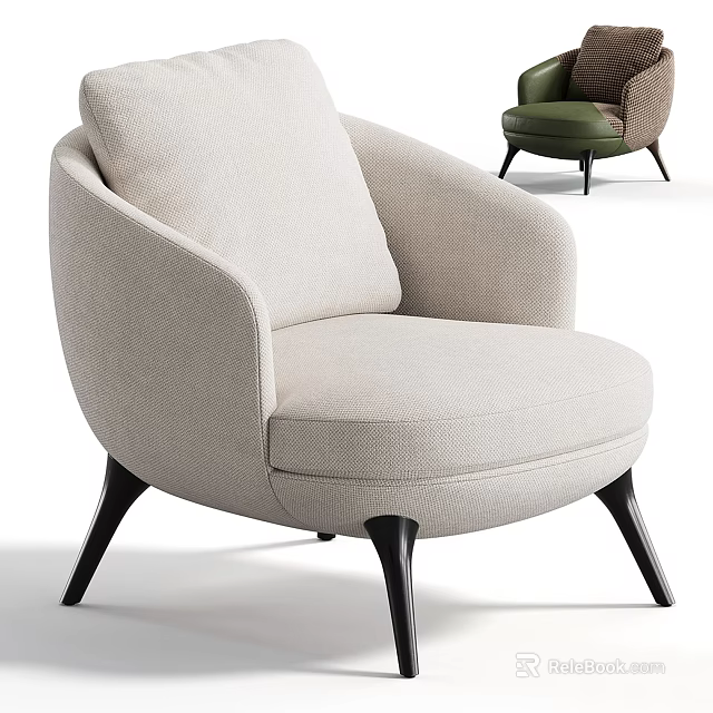 Beige Fabric Upholstered Modern Armchair With Curved Backrest And Sturdy Black Legs 3d model 