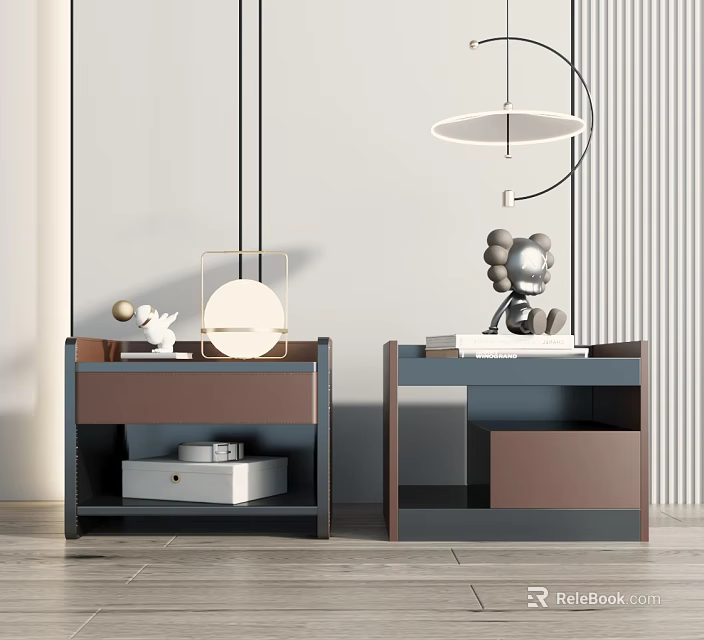 Modern Bedside Tables Design With Brown Gray Drawers And Decorative Items 3d model