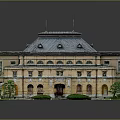 Scenic View of Yellow Classical Building With Gray Roof Symmetric Shrubs and Small Trees
