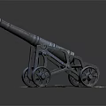 Old Fashioned Black Wheeled Cannon Weapon With Stone Base And Historical Design