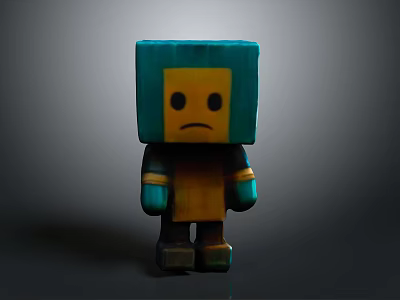 Cartoon Style Block Character With Square Blue Head Yellow Face Sad Expression And Blue Limbs 3d model