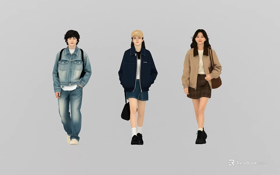 Three Young People Wearing Fashionable Casual Wear Carrying Bags While Walking 3d model 