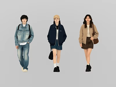 Three Young People Wearing Fashionable Casual Wear Carrying Bags While Walking 3d model