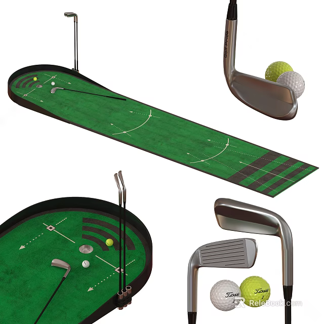 Golf Practice Sports Equipment Including Putting Mat Clubs And Balls 3d model 