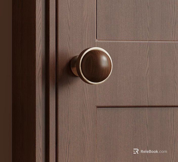 Wooden Door Knob With Brass Rim On Dark Wood Grain Door Panel 3d model 