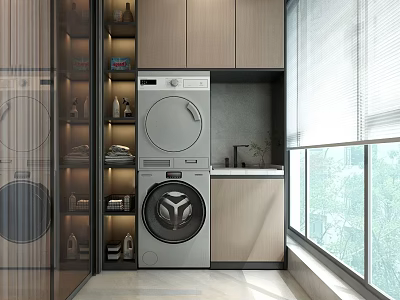 Modern Home Balcony With Stacked Washing Machine Dryer Storage Cabinets And Green Plants 3d model