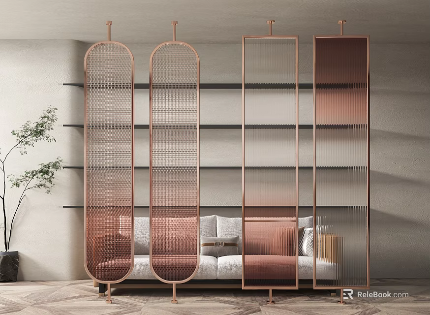 Modern Decorative Room Divider With Rose Gold Metal Panels And Laser Cut Design 3d model 