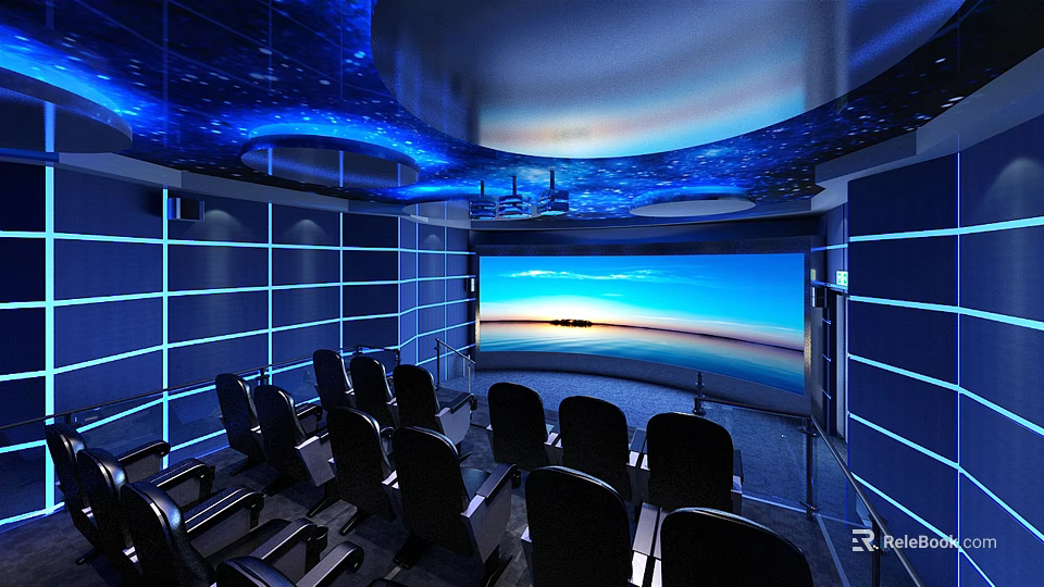 Modern Cinema Interior Design With Comfortable Seats Large Screen And Blue Lighting 3d model 