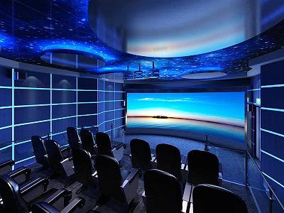 Modern Cinema Interior Design With Comfortable Seats Large Screen And Blue Lighting 3d model
