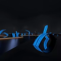 Blue Glowing Curved Art Installation In Dark Space With Reflective Floor And Human Figure
