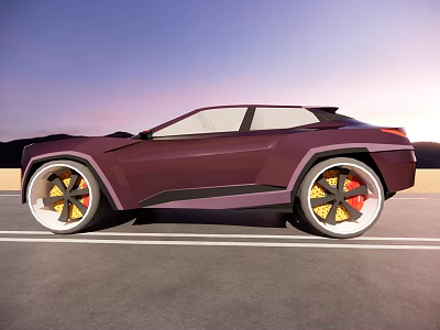 Sleek Burgundy Futuristic Car With Unique Yellow Wheels Driving On Open Road At Sunset 3d model