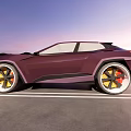 Sleek Burgundy Futuristic Car With Unique Yellow Wheels Driving On Open Road At Sunset