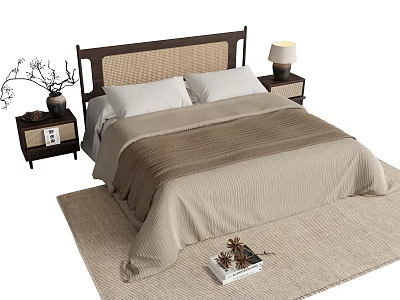 Double bed with wicker headboard neutral bedding on area rug nightstands and table lamp 3d model