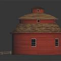 Red Round Barn Building With Striped Brown Yellow Roof And Small Windows Design