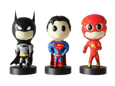 Chibi Style Superhero Action Figures Batman Superman Flash with Black Bases 3d model