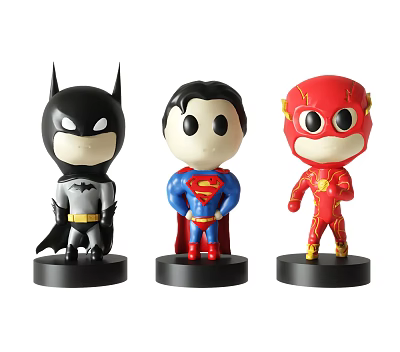 Chibi Style Superhero Action Figures Batman Superman Flash with Black Bases 3d model