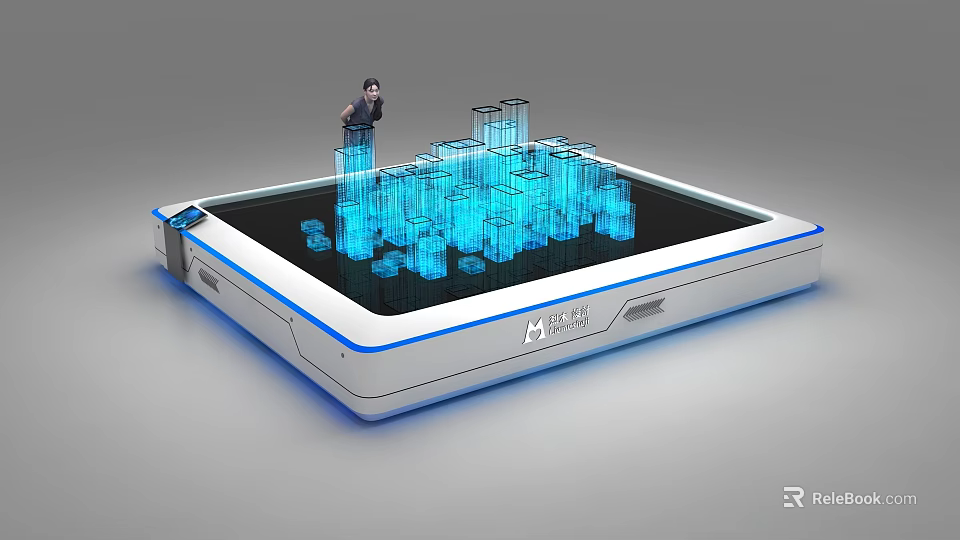 Interactive Commercial Device Displaying Blue Glowing 3D City Model on Black Screen with Small Figure 3d model 
