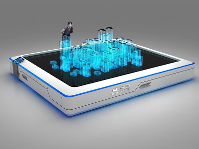 Interactive Commercial Device Displaying Blue Glowing 3D City Model on Black Screen with Small Figure 3d model