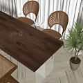 Wooden Dining Table Set With Fan Shaped Chairs Pinecone Decor And Green Plant In Bright Room