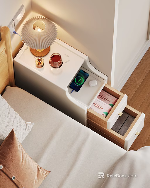 Modern Bedside Table With Open Drawer Mobile Phone Cup And Lamp 3d model 