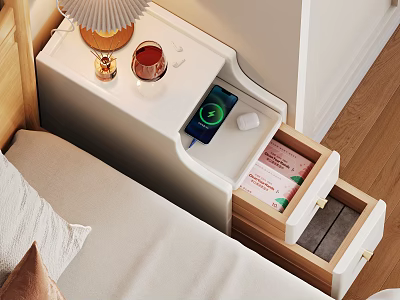 Modern Bedside Table With Open Drawer Mobile Phone Cup And Lamp 3d model