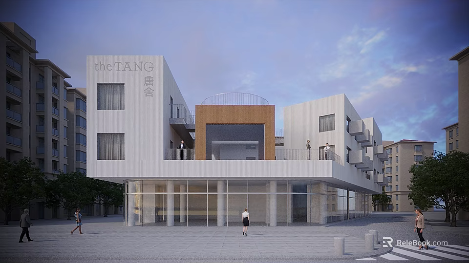 Modern TANG Hotel Building With White Exterior Glass Facade Wooden Roof Central Section And Plaza Area 3d model 