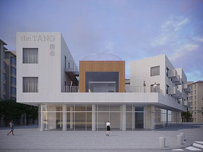 Modern TANG Hotel Building With White Exterior Glass Facade Wooden Roof Central Section And Plaza Area 3d model
