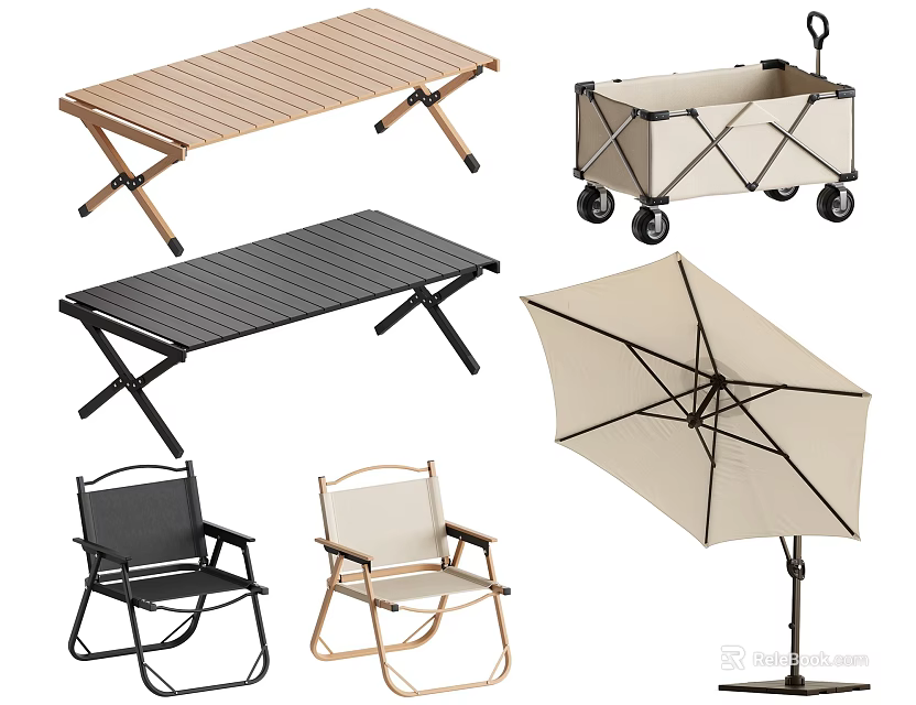 Folding Outdoor Chair in Black and Beige with Matching Table Umbrella and Storage Cart 3d model 