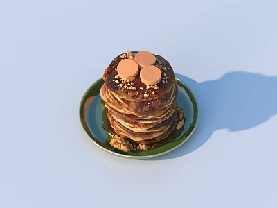 Delicious Stack of Pancakes with Orange Toppings and Nuts on Green Plate 3d model