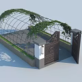 Wrought Iron Entrance Gate with Intricate Carvings Arched Top Green Foliage and Side Lanterns Design