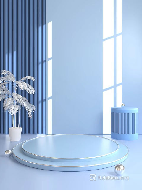 Circular Display Shelf With White Plant Blue Curtains And Window Shadows On Light Blue Background 3d model 