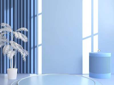 Circular Display Shelf With White Plant Blue Curtains And Window Shadows On Light Blue Background 3d model