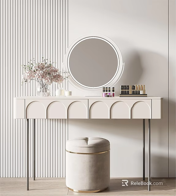 Arched White Dressing Table with Round Mirror Pink Flowers Vase Cosmetics and Beige Stool 3d model 