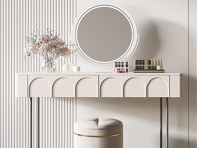 Arched White Dressing Table with Round Mirror Pink Flowers Vase Cosmetics and Beige Stool 3d model