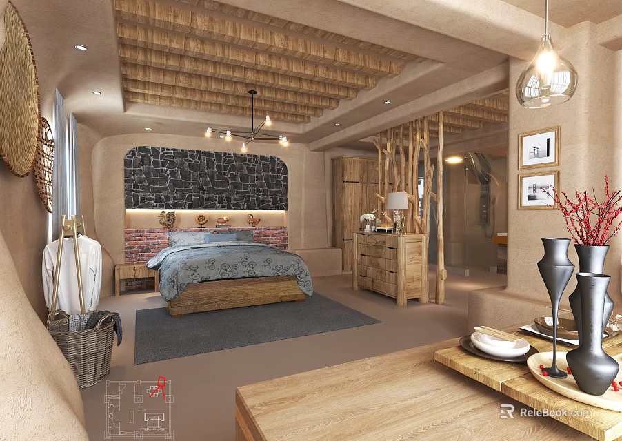 Rustic Hotel Guest Room With Wooden Ceiling Stone Accent Wall Comfortable Bed And Decorative Vases 3d model 