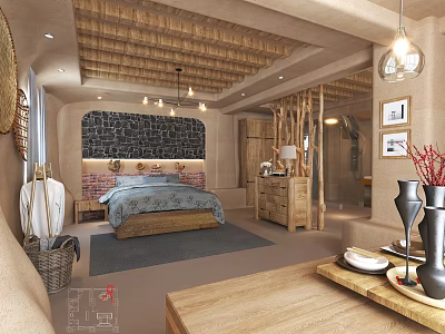 Rustic Hotel Guest Room With Wooden Ceiling Stone Accent Wall Comfortable Bed And Decorative Vases 3d model