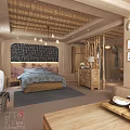 Rustic Hotel Guest Room With Wooden Ceiling Stone Accent Wall Comfortable Bed And Decorative Vases