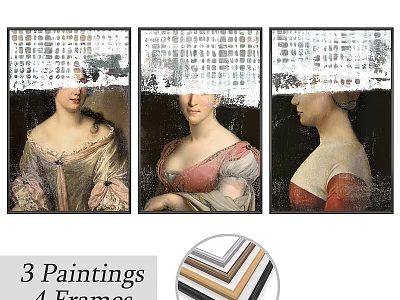 Four Elegant Classic Frames Displaying Three Vintage Paintings For Home Decor 3d model
