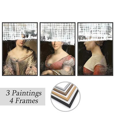 Four Elegant Classic Frames Displaying Three Vintage Paintings For Home Decor 3d model