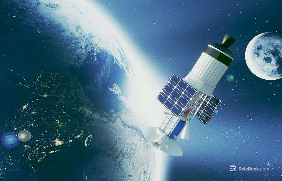 Cartoon Space Scene With Satellite Earth Moon And Starry Background 3d model 