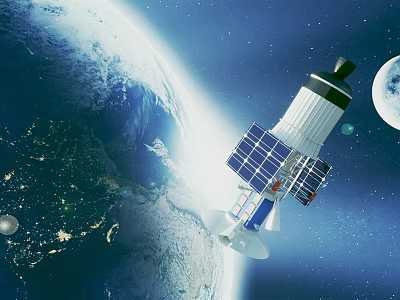 Cartoon Space Scene With Satellite Earth Moon And Starry Background 3d model