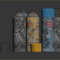 Colorful Spray Cans With Graffiti Designs And Various Colored Caps Displayed 3d model