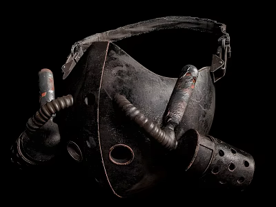 Vintage Metallic Gas Mask With Leather Strap Rusty Pipes And Circular Holes 3d model